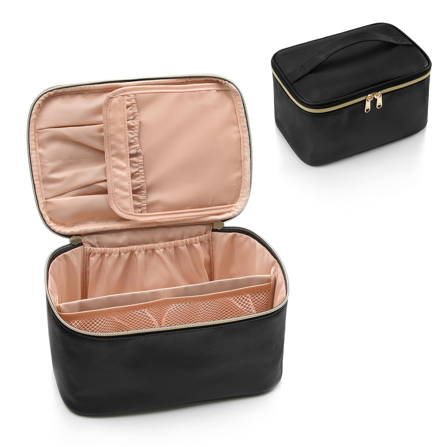 OCHEAL Makeup Bag, Portable Cosmetic Bag, Large Capacity Travel Makeup Case Organizer, Black for Women Toiletry Bag for Girls Traveling with Handle and Divider