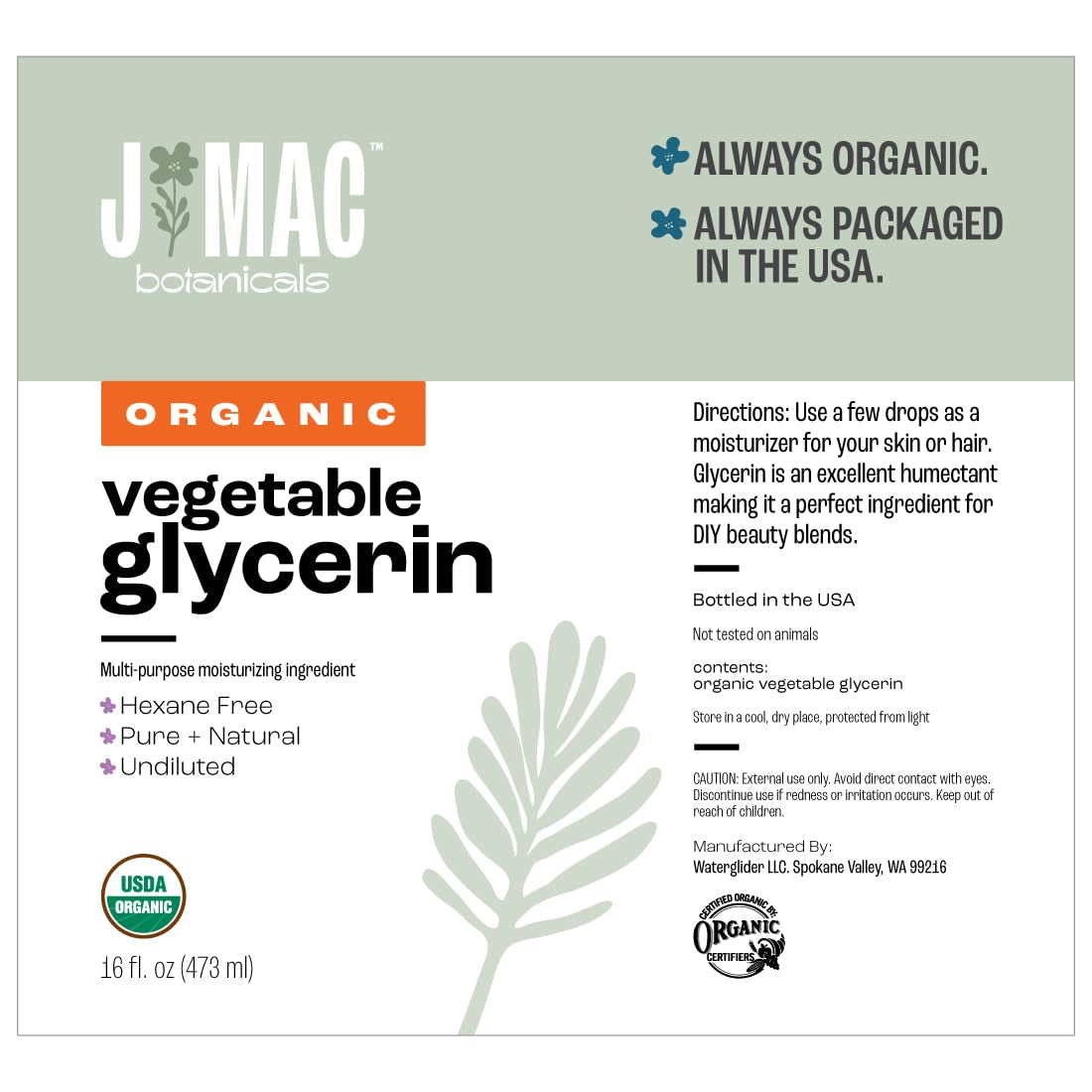 J MAC BOTANICALS, Organic Vegetable Glycerin Oil (16Oz Bottle) Moisturizing and Softening, 100% Pure Natural Liquid Organic Glycerine for Crafts, Skin, Face, Hair