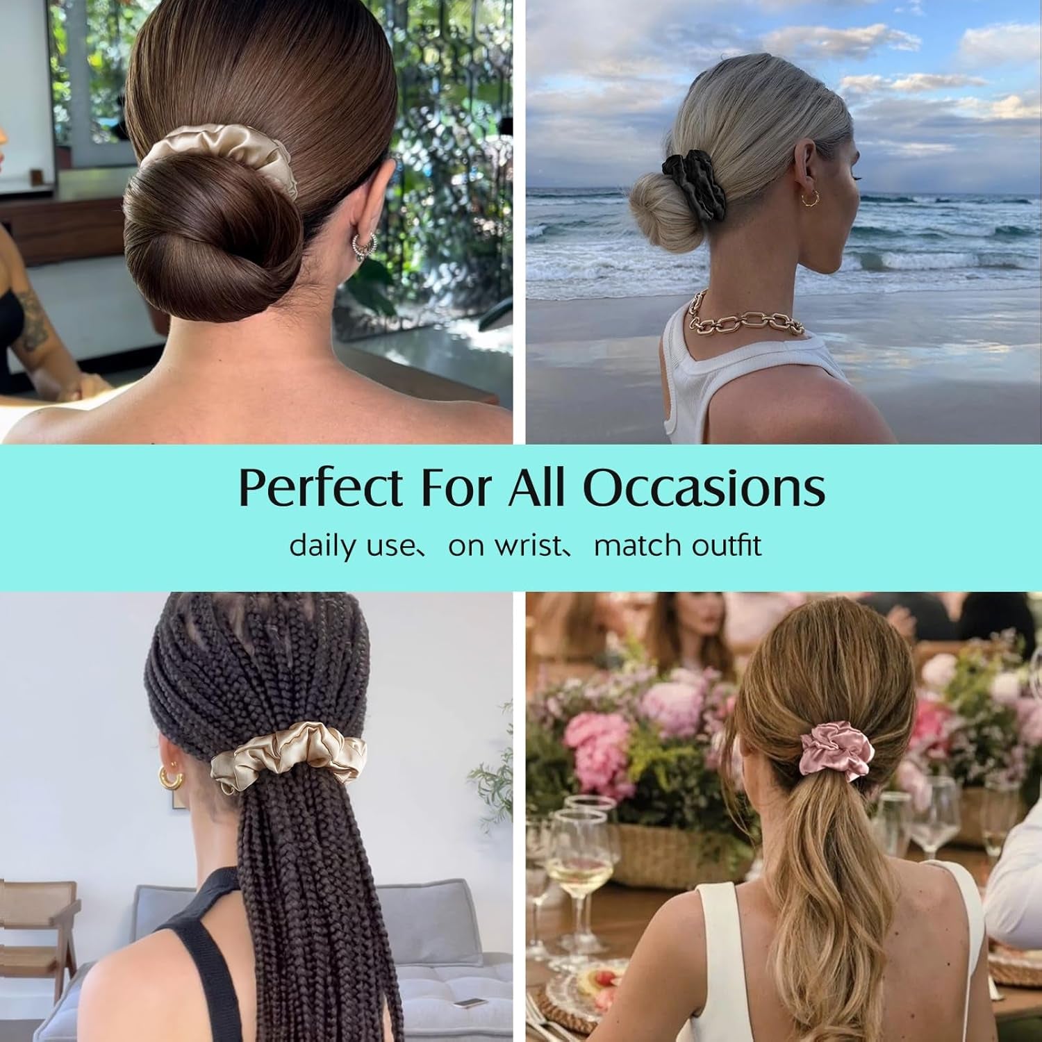 YFONG 3 PCS 100% Mulberry Silk Scrunchies for Women Girls, 22 Momme Soft Hair Ties for Frizz & Breakage Prevention, Elastic Ponytail Holders Gentle and No Hurt, (Pink+Black+Champagne)