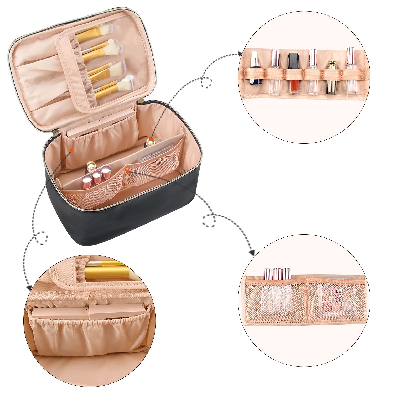 OCHEAL Makeup Bag, Portable Cosmetic Bag, Large Capacity Travel Makeup Case Organizer, Black for Women Toiletry Bag for Girls Traveling with Handle and Divider