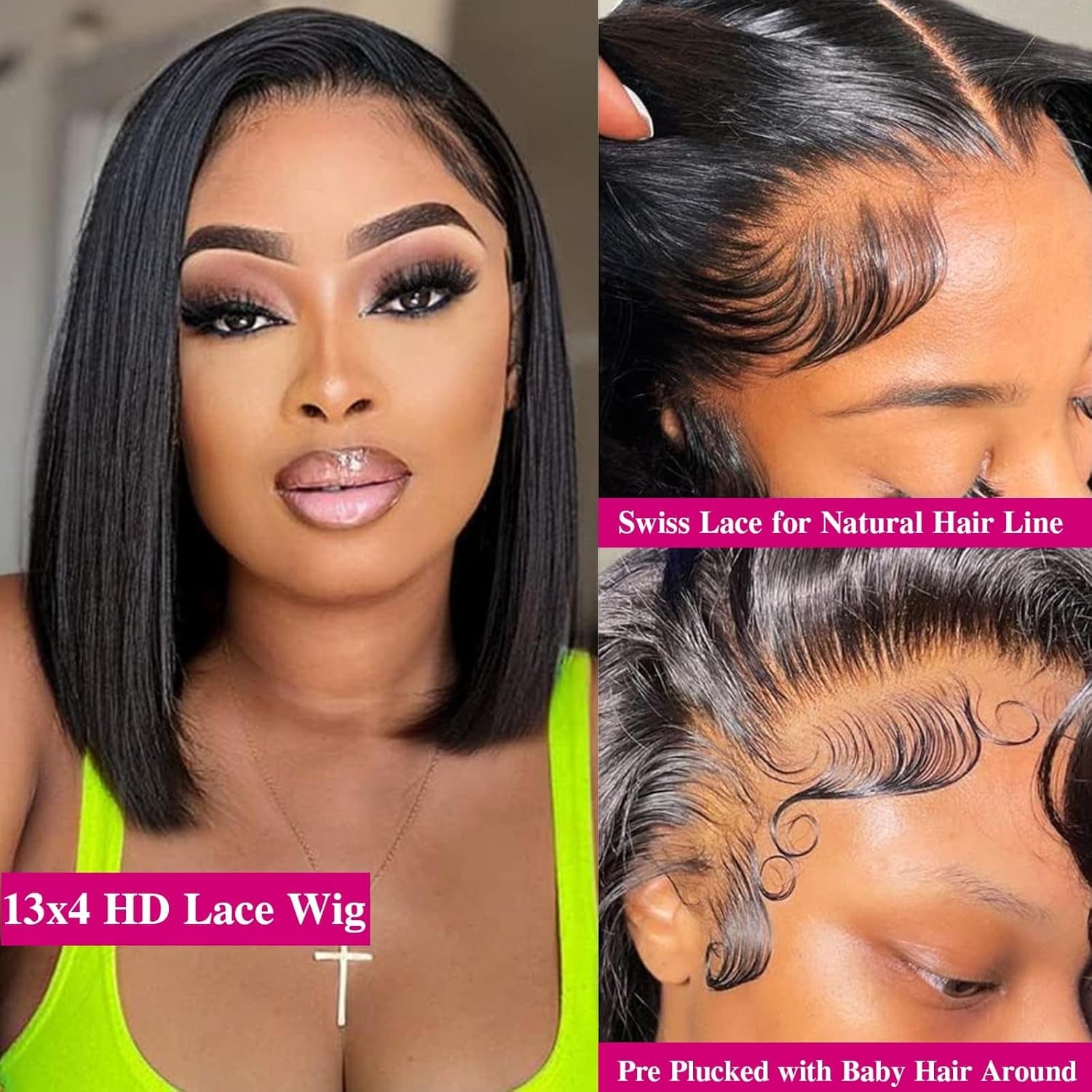 1 of HUIWANYAN Bob Wig Human Hair 14 Inch Nature Black and 1 of HUIWANYAN Bob Wig Human Hair 10 Inch Nature Black