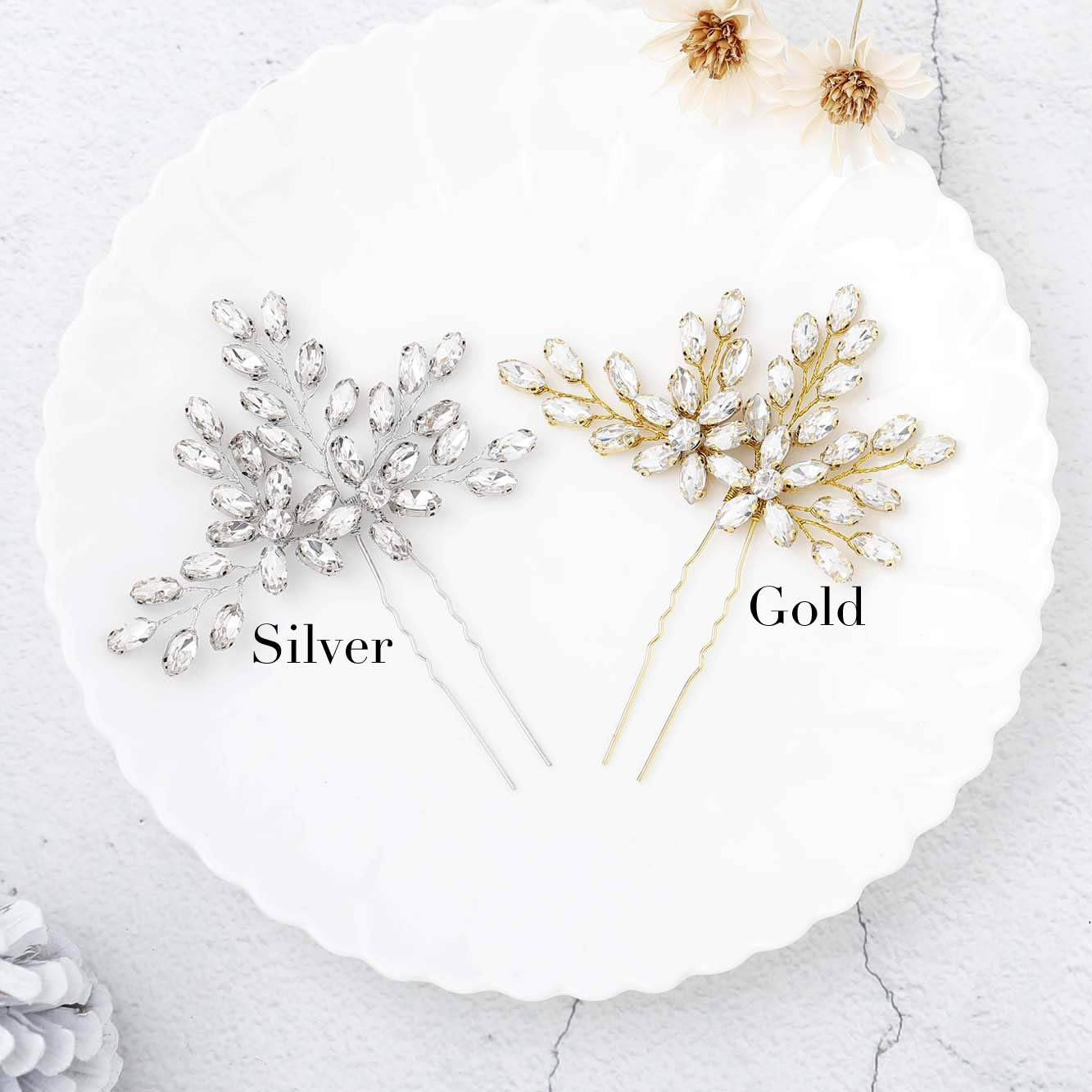 Unicra Rhinestone Bride Wedding Hair Pins Bridal Hair Clips Crystal Hair Piece Decorative Bridesmaids Hair Accessories for Women and Girls Pack of 2 (A-Silver)