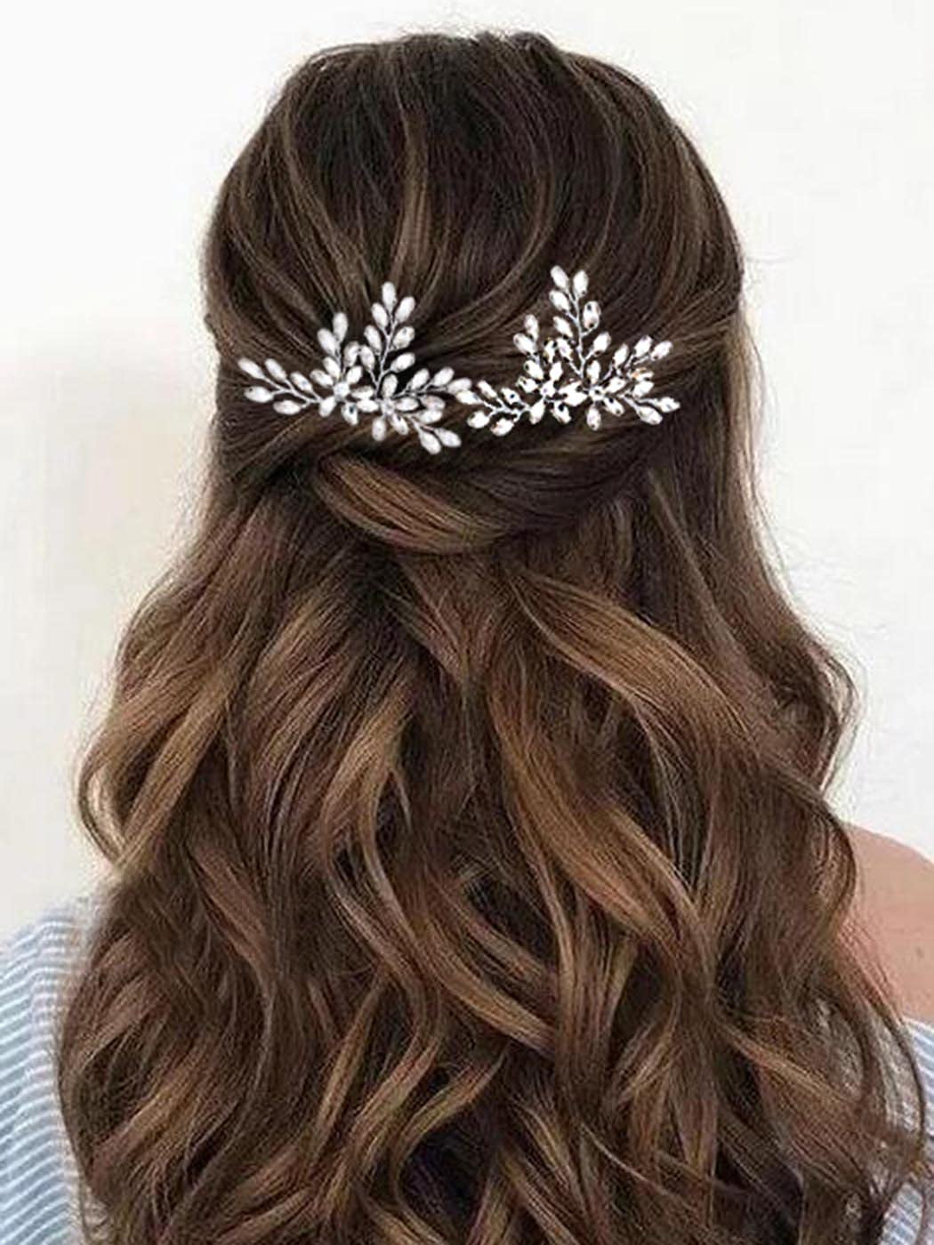 Unicra Rhinestone Bride Wedding Hair Pins Bridal Hair Clips Crystal Hair Piece Decorative Bridesmaids Hair Accessories for Women and Girls Pack of 2 (A-Silver)