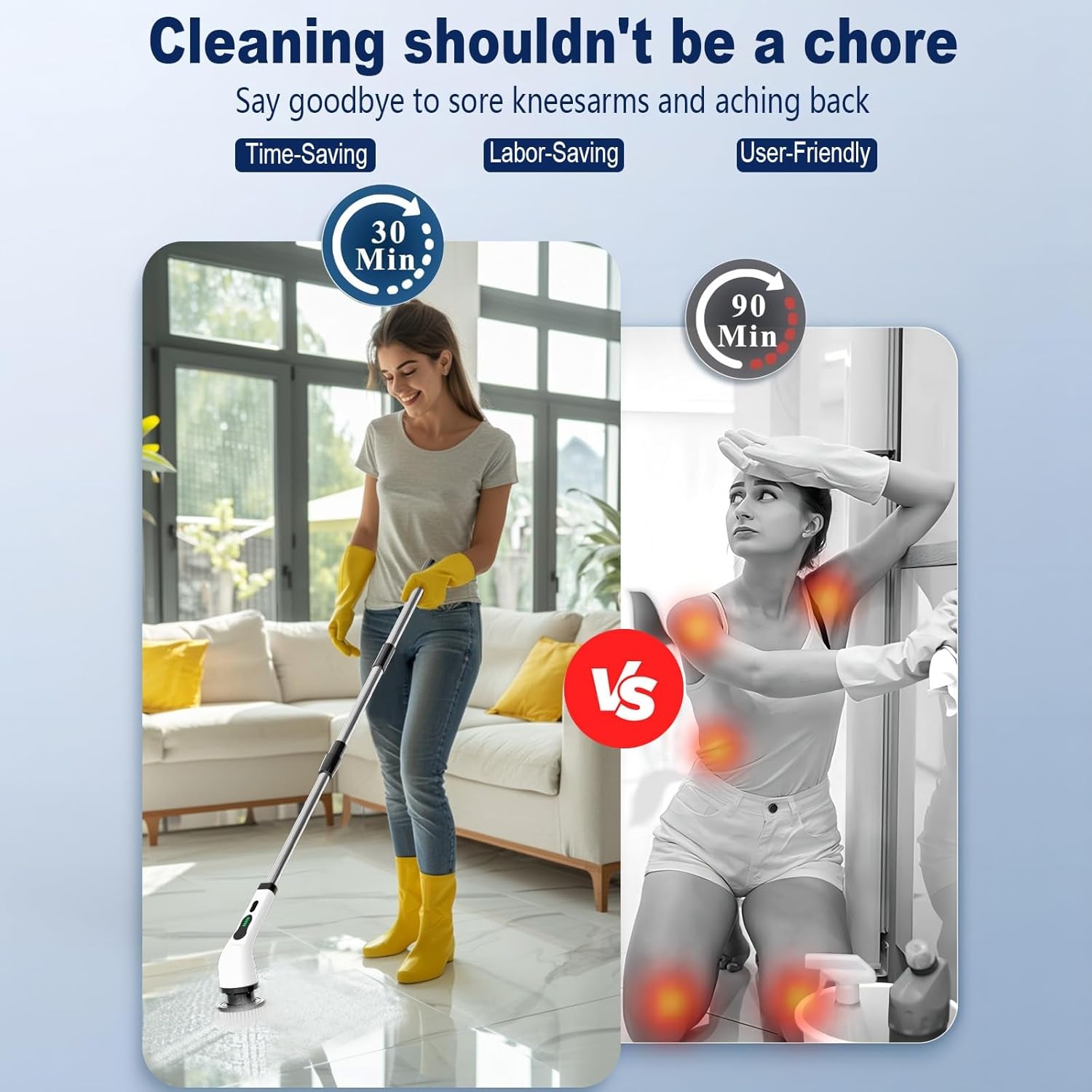 Electric Spin Scrubber, Cordless Cleaning Supplies Full-Body IPX7 Waterproof Power Shower Cleaner Brush with 9 Replaceable Brush Heads, Adjustable Extension Handle for Bathroom Accessories