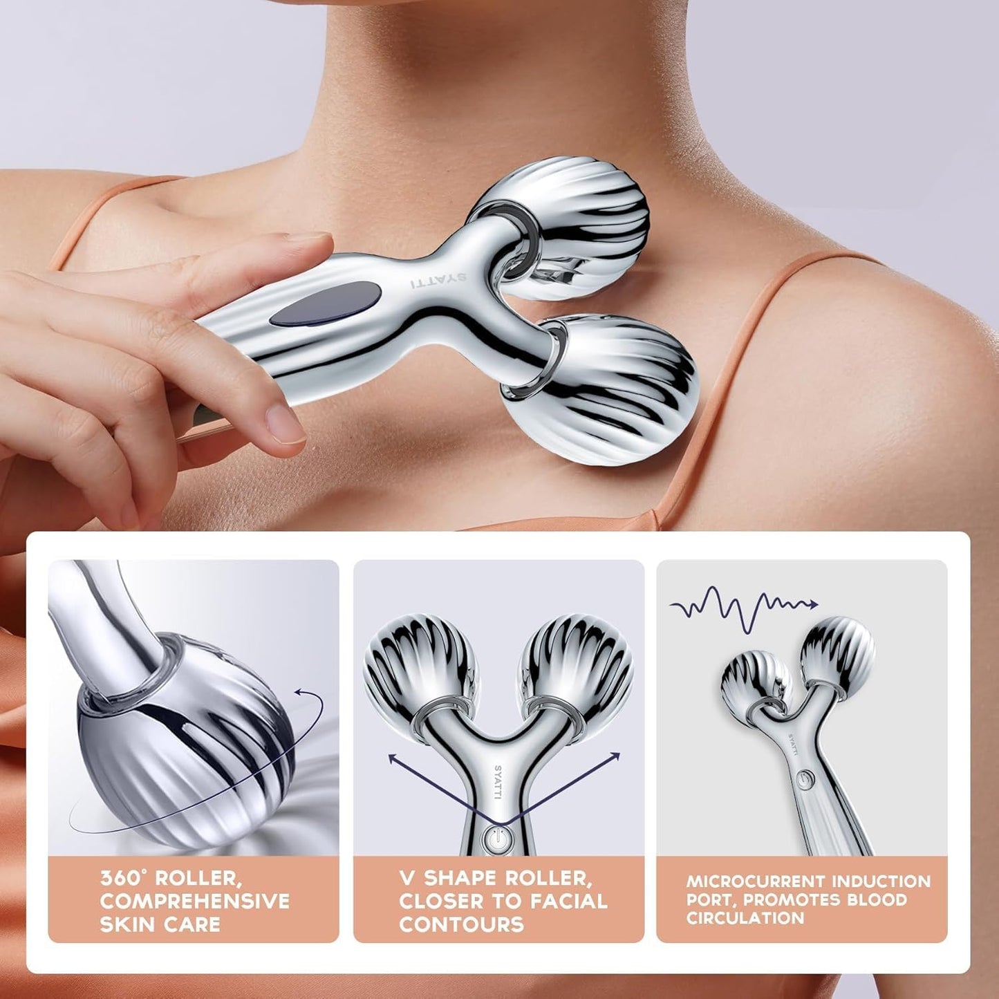Face Roller Massager, 3D Metal Face Massage Tool for Reduce Puffiness, Remove Eye Wrinkles, Face Lift, Increase Firmness, Anti-Aging, Skin Tightening (Sliver)