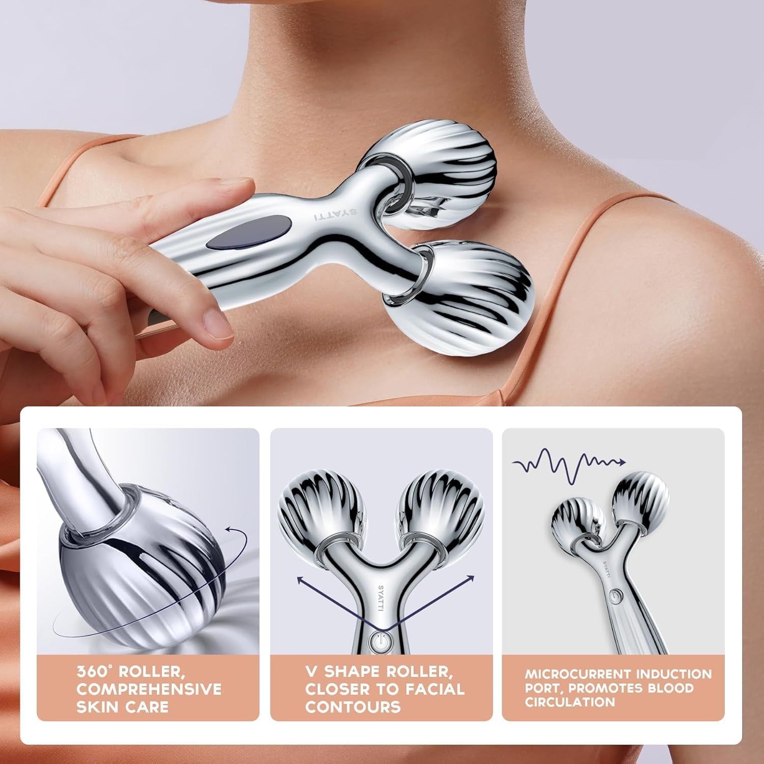 Face Roller Massager, 3D Metal Face Massage Tool for Reduce Puffiness, Remove Eye Wrinkles, Face Lift, Increase Firmness, Anti-Aging, Skin Tightening (Sliver)
