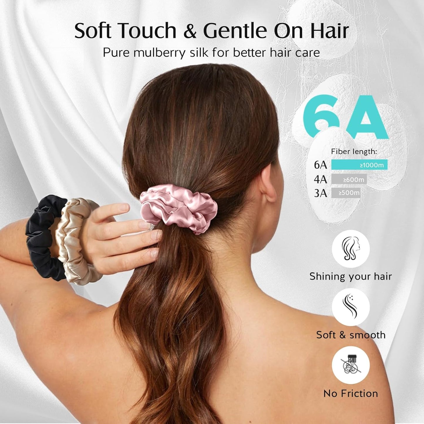 YFONG 3 PCS 100% Mulberry Silk Scrunchies for Women Girls, 22 Momme Soft Hair Ties for Frizz & Breakage Prevention, Elastic Ponytail Holders Gentle and No Hurt, (Pink+Black+Champagne)