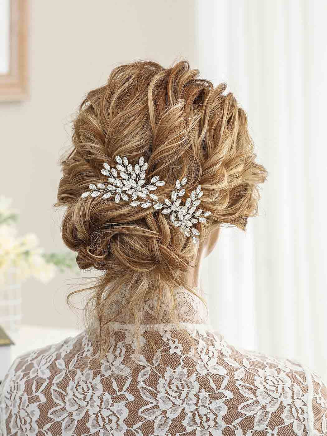 Unicra Rhinestone Bride Wedding Hair Pins Bridal Hair Clips Crystal Hair Piece Decorative Bridesmaids Hair Accessories for Women and Girls Pack of 2 (A-Silver)
