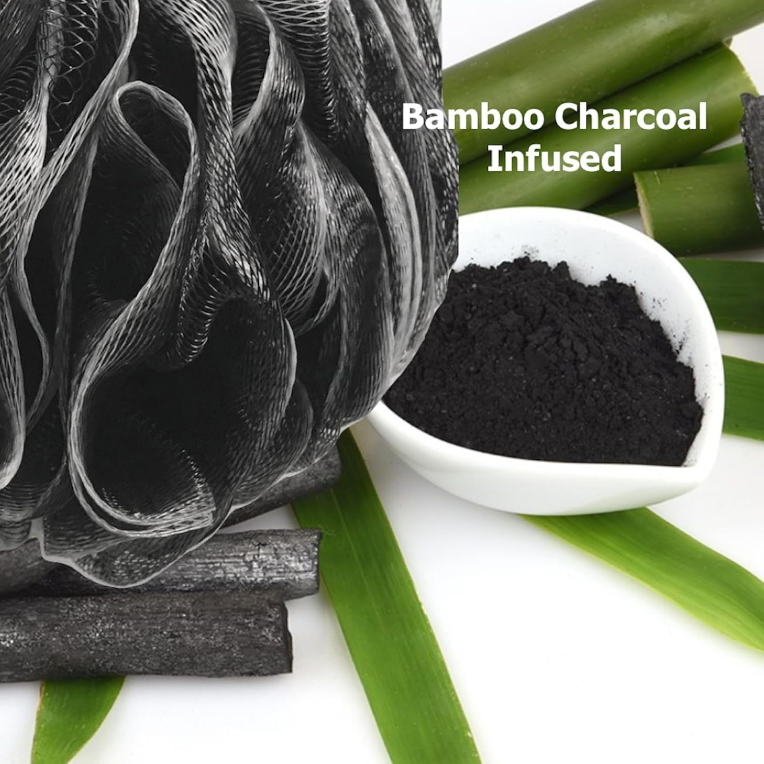 SHOWER BOUQUET Loofah-Charcoal Bath-Sponge Xl-Color-4-Pack // Extra Large 75G Soft Mesh Black Luffa Loofa Loufa Puff Set/Exfoliating Body Scrubber for Women and Men - Exfoliate & Soothe Face & Body