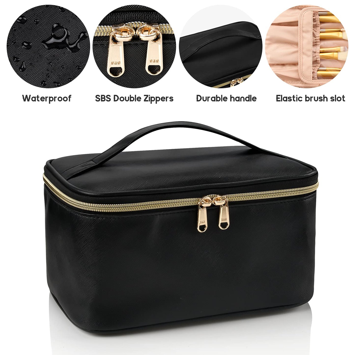 OCHEAL Makeup Bag, Portable Cosmetic Bag, Large Capacity Travel Makeup Case Organizer, Black for Women Toiletry Bag for Girls Traveling with Handle and Divider