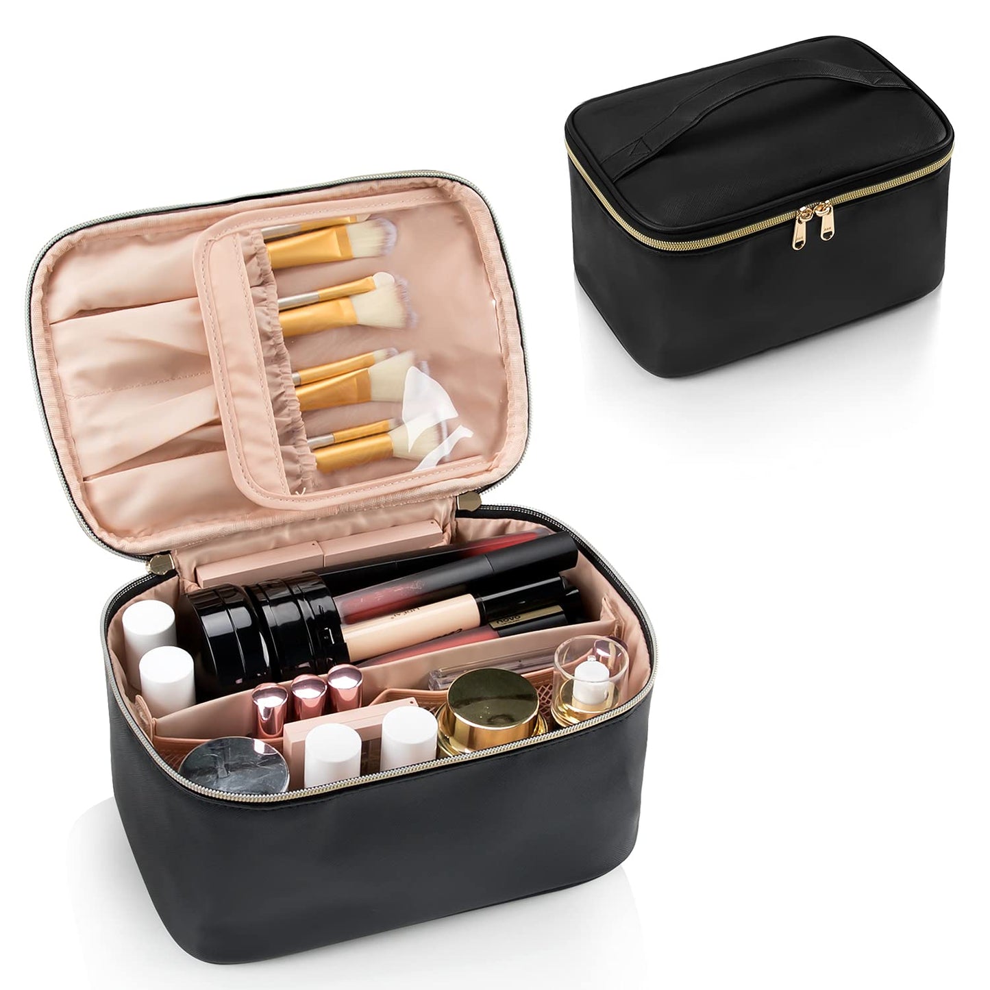 OCHEAL Makeup Bag, Portable Cosmetic Bag, Large Capacity Travel Makeup Case Organizer, Black for Women Toiletry Bag for Girls Traveling with Handle and Divider