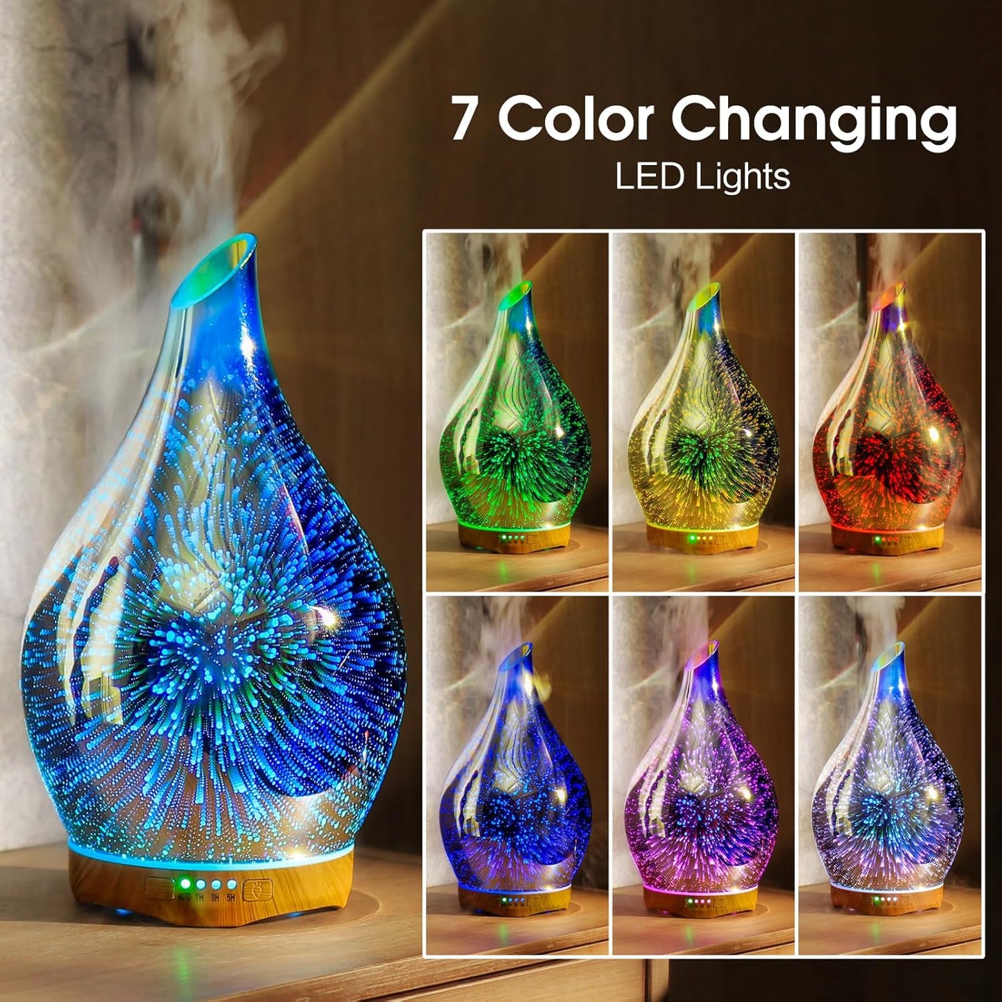 Porseme 280Ml Essential Oil Diffuser 3D Hand-Blown Glass Aroma Diffusor, Aromatherapy Unltrasonic Cool Mist Deffuser, 7 Color Changing Humidifier, Waterless Shut-Off, Timer Function for Home Office