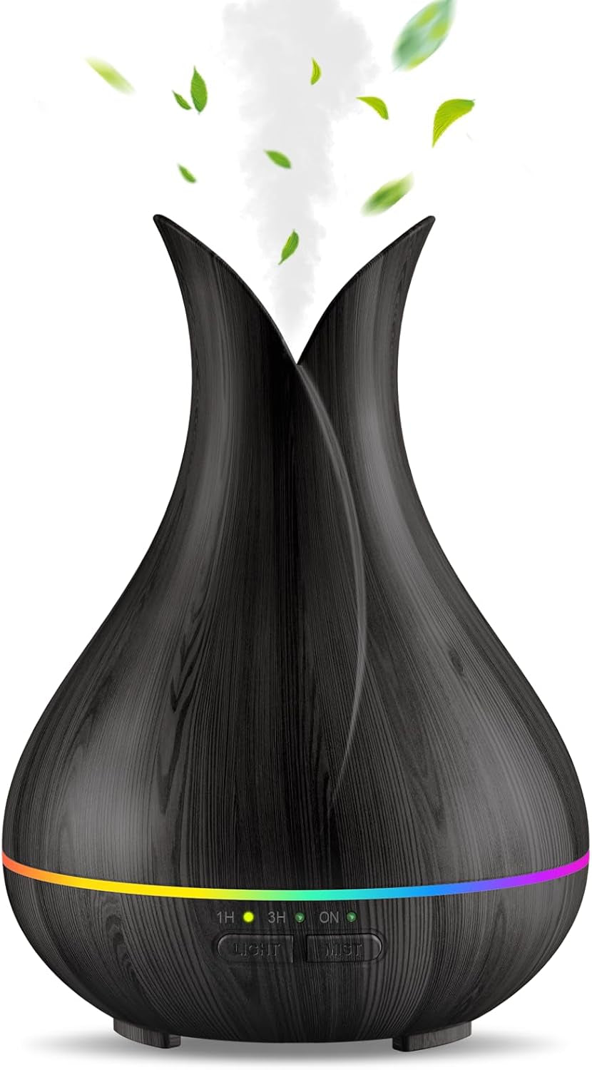 Essential Oil Diffusers, Cute Small Aromatherapy Diffuser with 3 Timers＆ 7 Ambient Light, Ultra-Quiet Oil Diffuser for Room Home Office(150Ml), Dark Wood