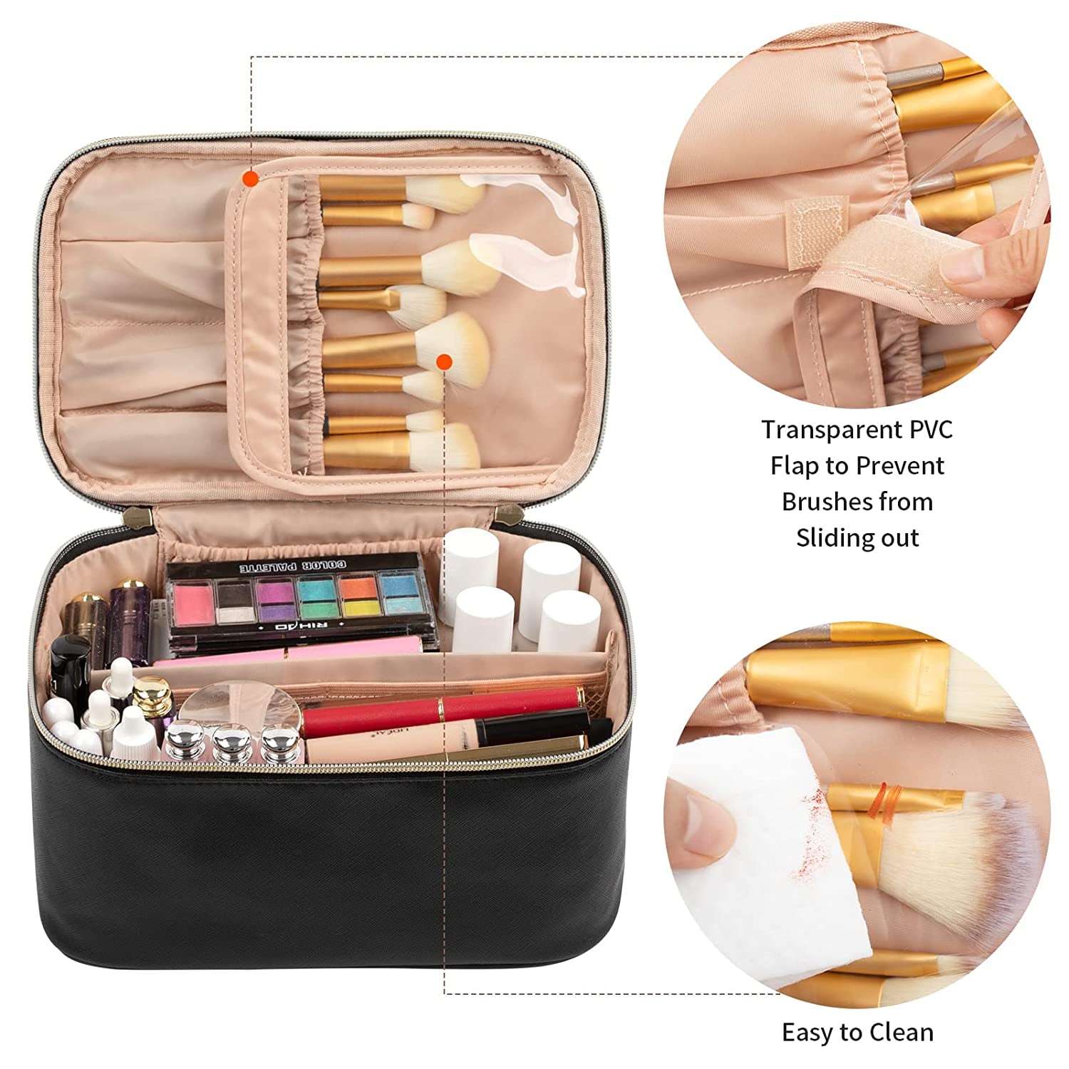 OCHEAL Makeup Bag, Portable Cosmetic Bag, Large Capacity Travel Makeup Case Organizer, Black for Women Toiletry Bag for Girls Traveling with Handle and Divider