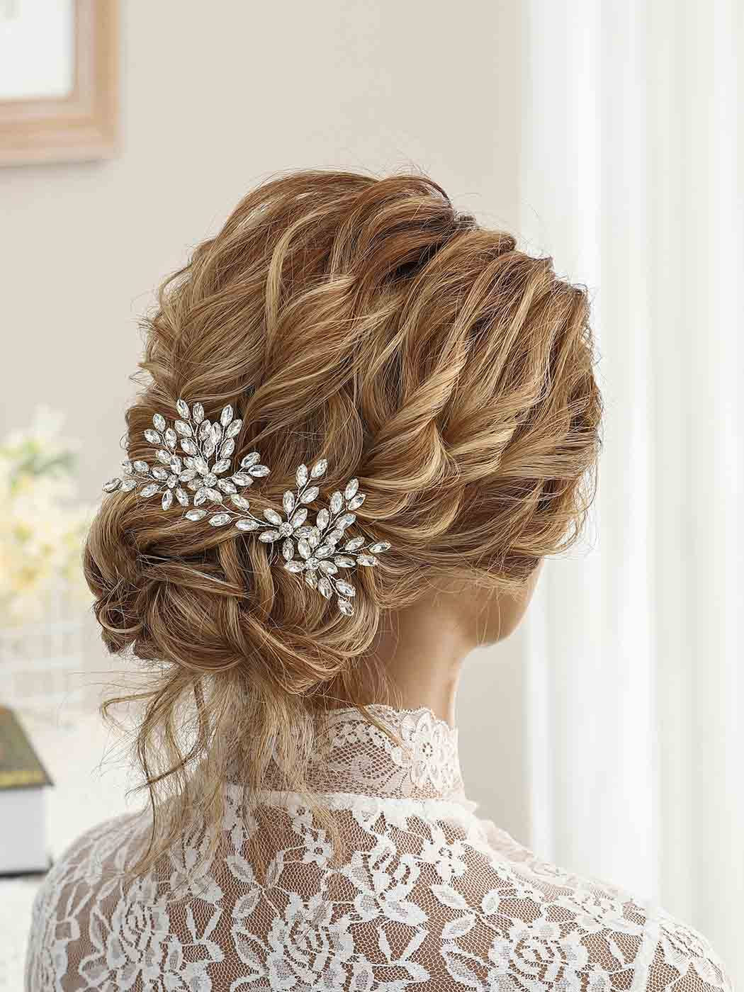 Unicra Rhinestone Bride Wedding Hair Pins Bridal Hair Clips Crystal Hair Piece Decorative Bridesmaids Hair Accessories for Women and Girls Pack of 2 (A-Silver)