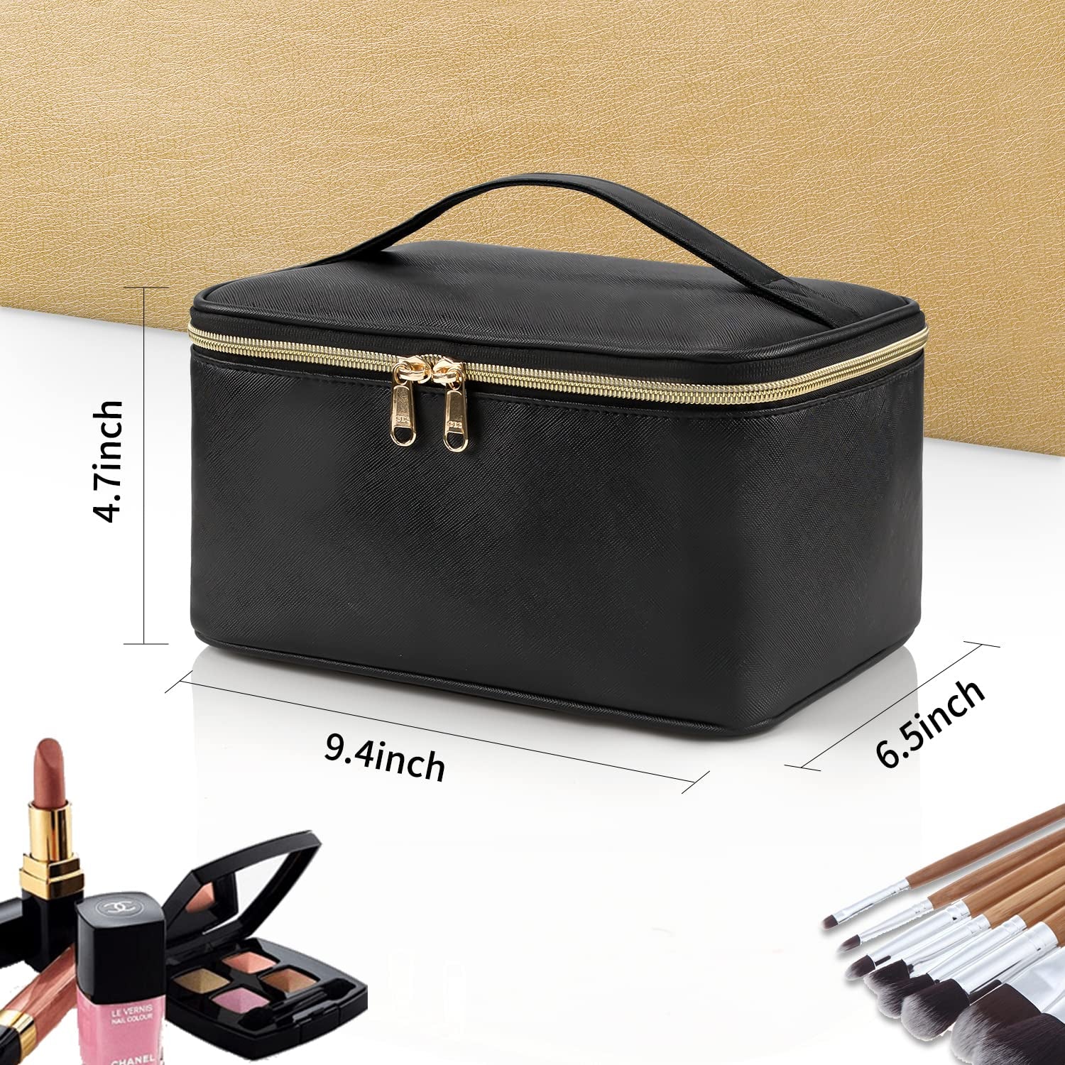 OCHEAL Makeup Bag, Portable Cosmetic Bag, Large Capacity Travel Makeup Case Organizer, Black for Women Toiletry Bag for Girls Traveling with Handle and Divider