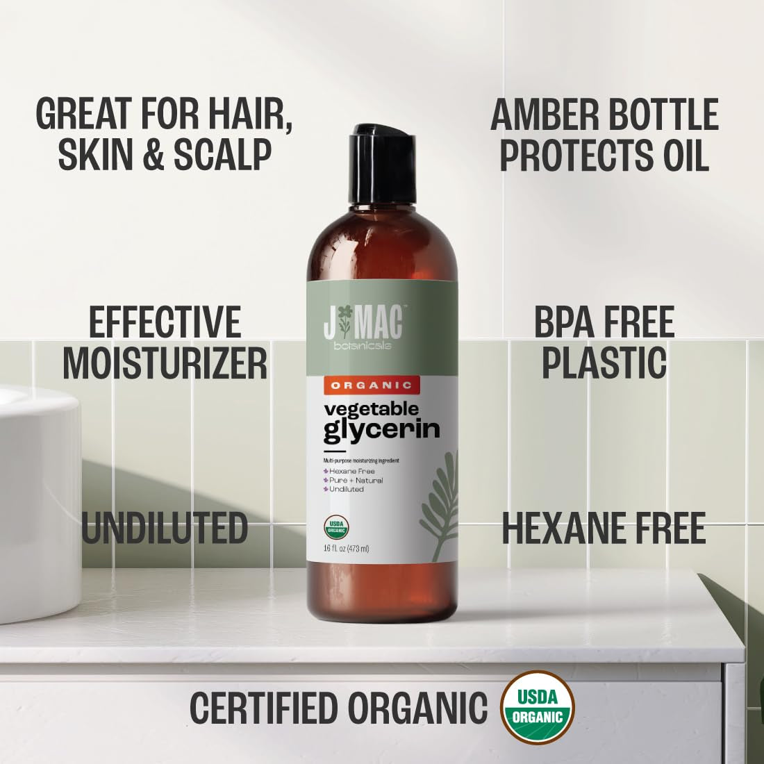 J MAC BOTANICALS, Organic Vegetable Glycerin Oil (16Oz Bottle) Moisturizing and Softening, 100% Pure Natural Liquid Organic Glycerine for Crafts, Skin, Face, Hair