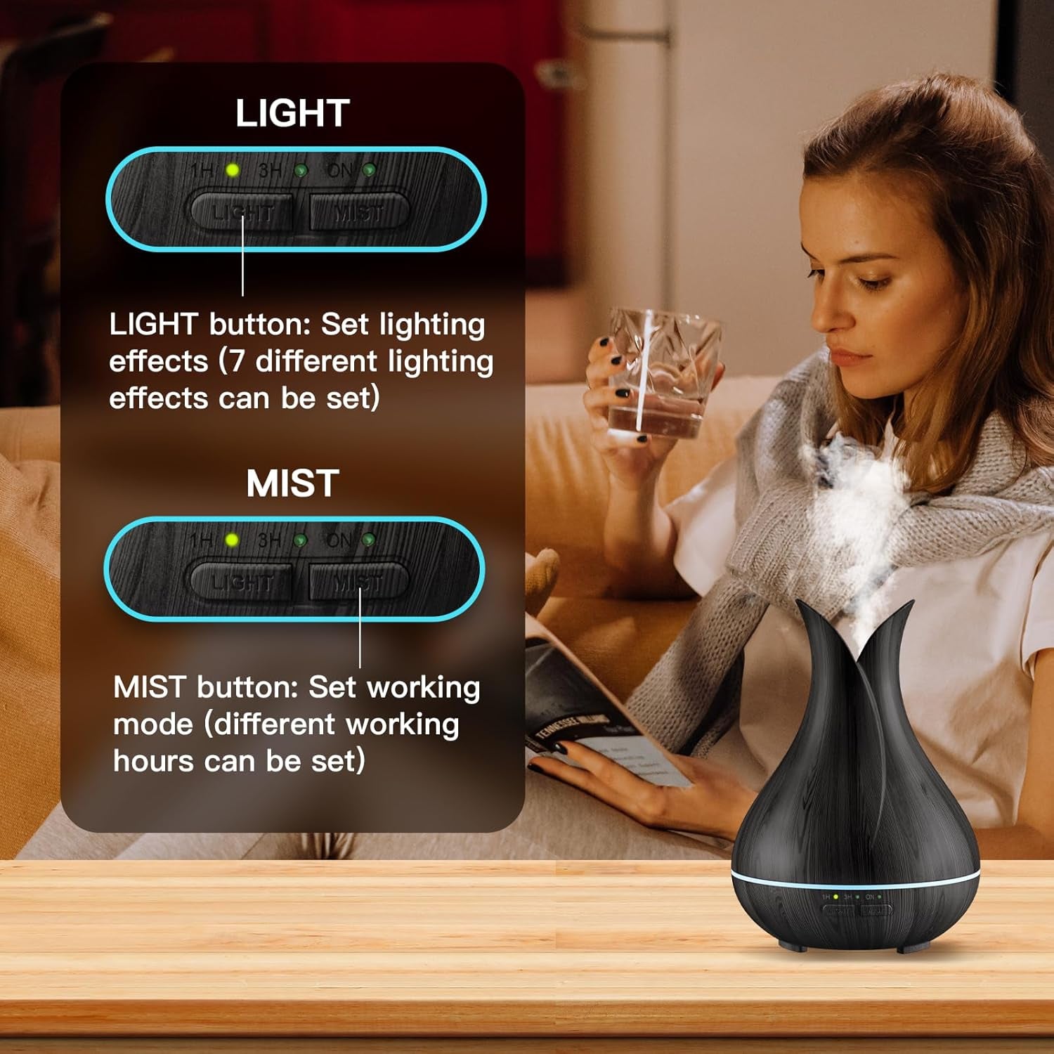 Essential Oil Diffusers, Cute Small Aromatherapy Diffuser with 3 Timers＆ 7 Ambient Light, Ultra-Quiet Oil Diffuser for Room Home Office(150Ml), Dark Wood