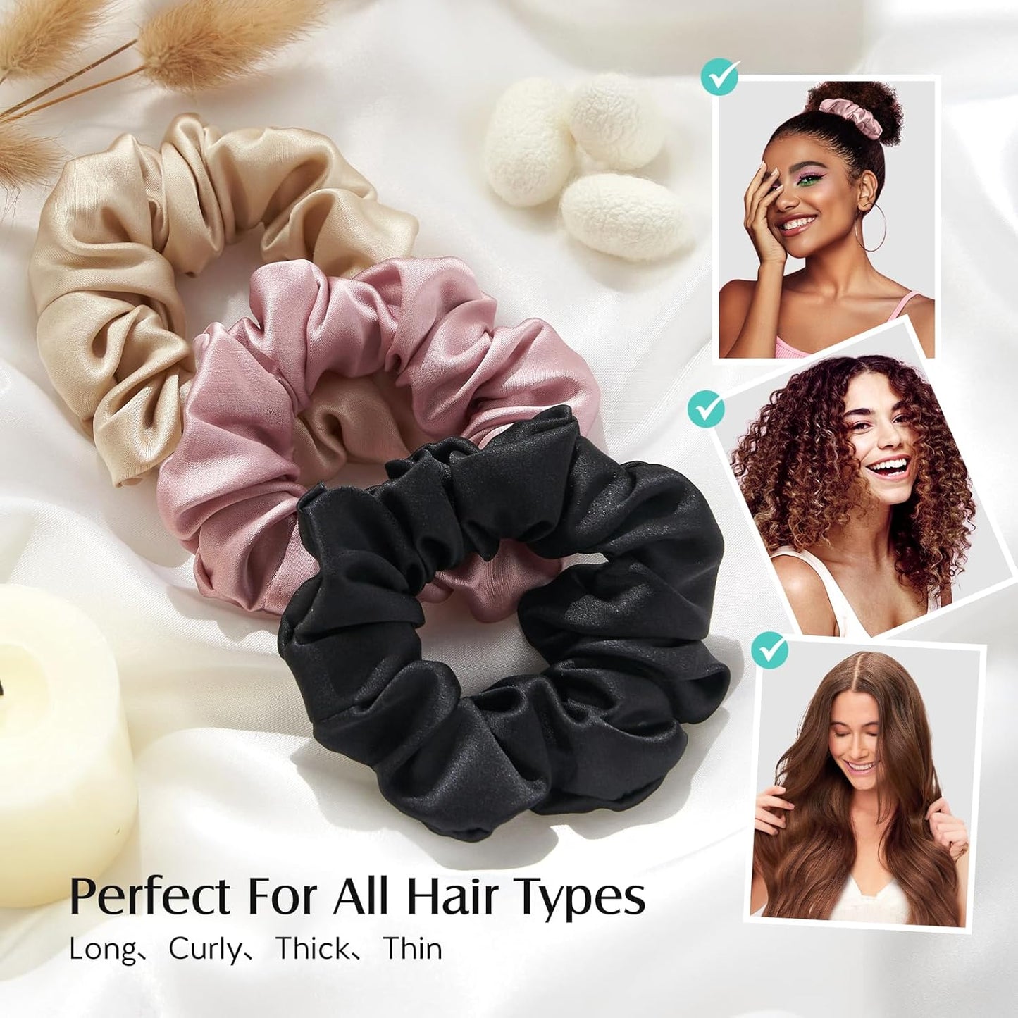 YFONG 3 PCS 100% Mulberry Silk Scrunchies for Women Girls, 22 Momme Soft Hair Ties for Frizz & Breakage Prevention, Elastic Ponytail Holders Gentle and No Hurt, (Pink+Black+Champagne)