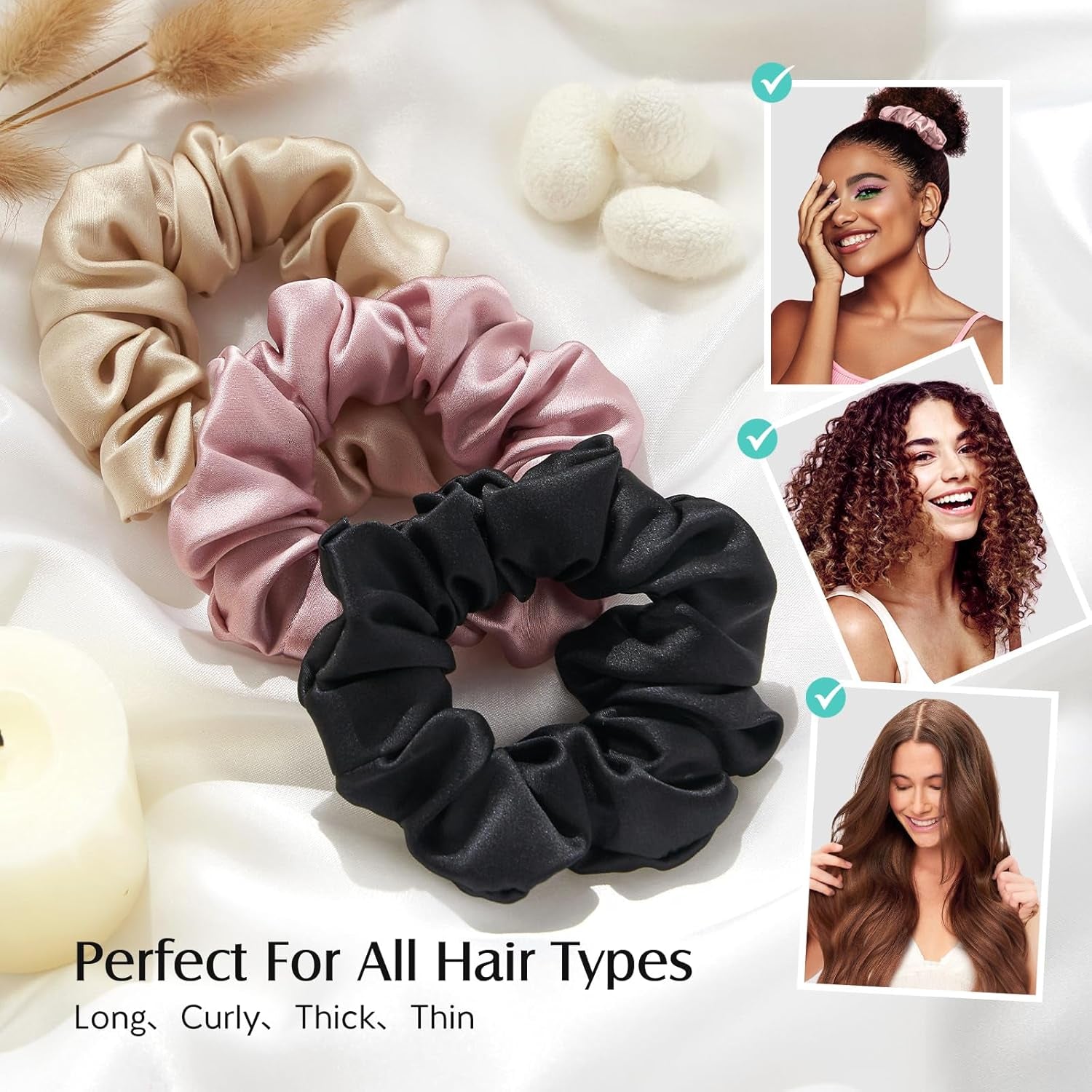 YFONG 3 PCS 100% Mulberry Silk Scrunchies for Women Girls, 22 Momme Soft Hair Ties for Frizz & Breakage Prevention, Elastic Ponytail Holders Gentle and No Hurt, (Pink+Black+Champagne)